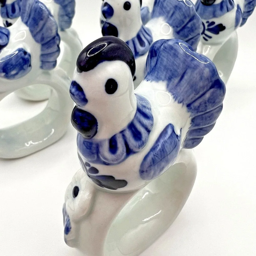 Hen Blue Ceramic Napkin Rings Farmhouse Cottagecore Chicken Vintage Set of 6